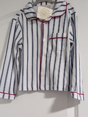 The Beaufort Bonnet Company White Pajama Top with Navy Stripes and Red Trim